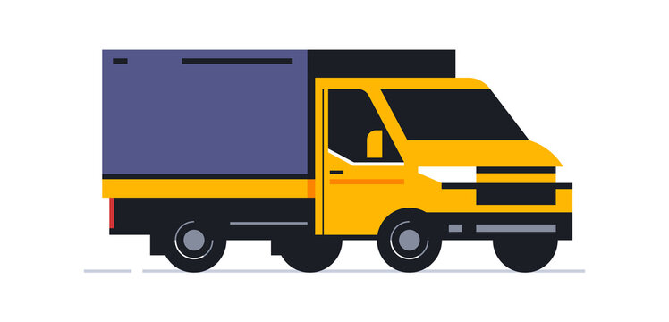 Trucks for the online parcel delivery service. Transport for delivery of orders. Truck front view in half turn. Transportation of orders of parcels, boxes to the house. Vector illustration.