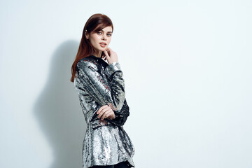 woman in trendy clothes silver blazer modern style disco party