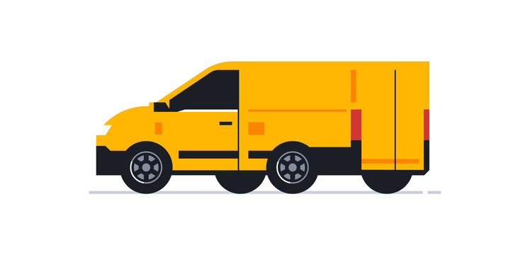 A van for an online home delivery service. Transport for delivery of orders. Van rear view in half turn. Transportation of orders of parcels, boxes to the house. Vector illustration.