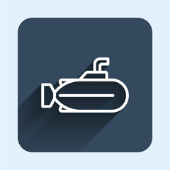 Fototapeta premium White line Submarine icon isolated with long shadow background. Military ship. Blue square button. Vector