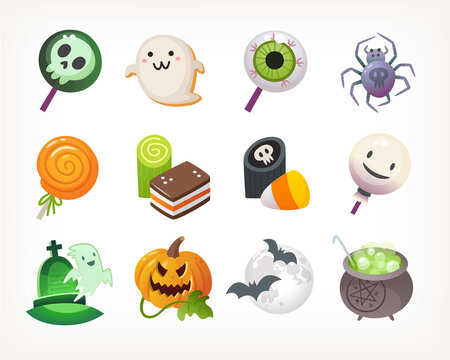 Set of Halloween sweets and decorations. Spooky bats near moon, ghost over tombstone, spider and witch cauldron with green liquid. Cute isolated vector illustrations for decorations for kids party