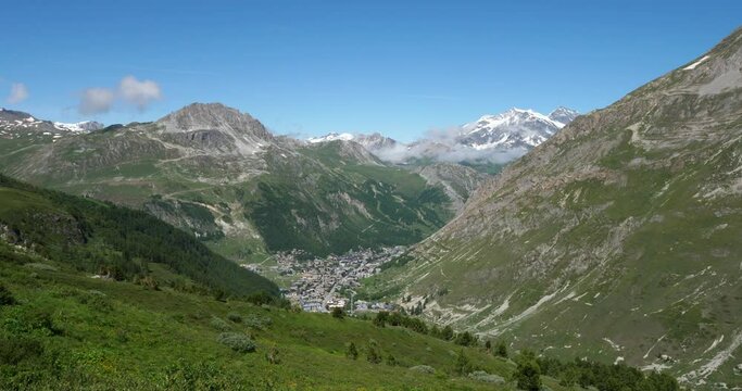 Climbing to the Iseran Pass, Savoie department, France, In the backgroung is Val d Isere and mount Pourri.