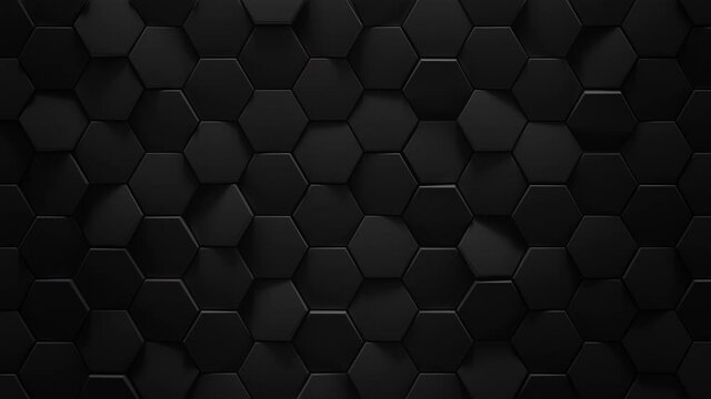 Black hexagonal geometric background. Seamless loop 3D render animation