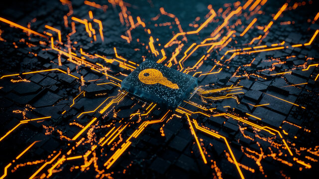 Security Technology Concept with key symbol on a Microchip. Data flows from the CPU across a Futuristic Motherboard. 3D render.
