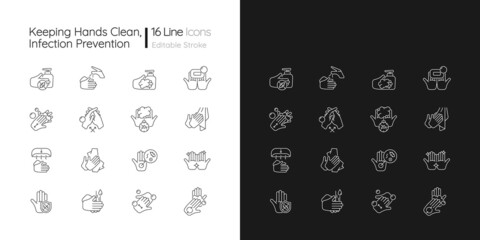 Keeping hands clean linear icons set for dark and light mode. Washing with soap and water. Remove pathogens. Customizable thin line symbols. Isolated vector outline illustrations. Editable stroke