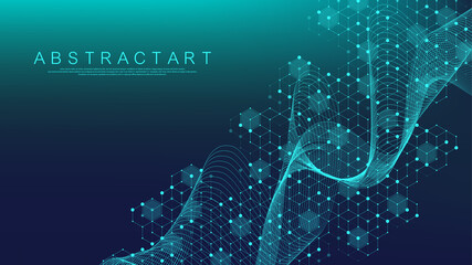 Technology abstract lines and dots connect background with hexagons. Hexagon grid. Hexagons connection digital data and big data concept. Hex digital data visualization. Vector illustration.