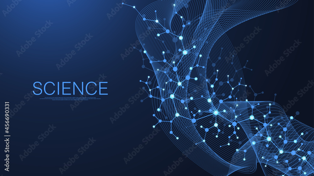Poster Molecular structure background. Science template wallpaper or banner with a DNA molecules. Asbtract molecule background with hexagons, wave flow. Vector illustration.