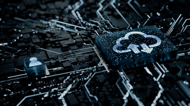 Data storage Technology Concept with cloud symbol on a Microchip. White Neon Data flows between the CPU and the User across a Futuristic Motherboard. 3D render.