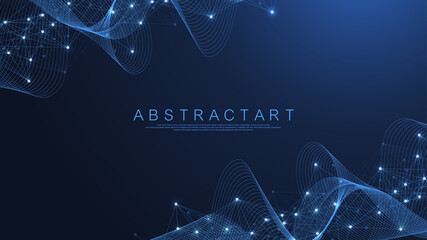 Technology abstract lines and dots connection background. Connection digital data and big data concept. Digital data visualization. Waves flow. Quantum explosion technology. Vector illustration. - obrazy, fototapety, plakaty