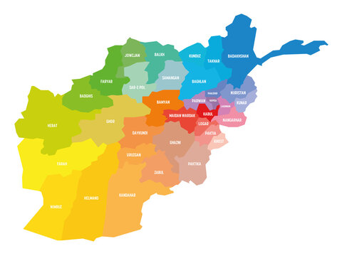 Colorful political map of Afghanistan. Administrative divisions - provinces. Simple flat vector map with labels.