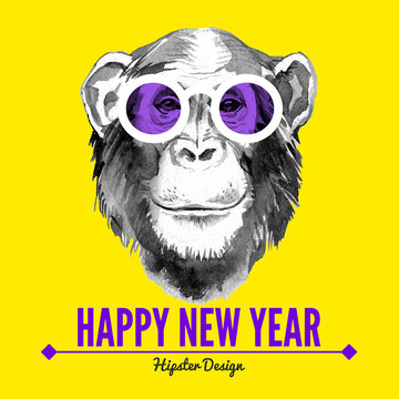 Merry Christmas and Happy New Year card with watercolor portrait of hipster monkey. Hand drawn illustration for fashion print, poster for textiles, fashion design and t-shirt graphics