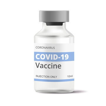 Realistic COVID-19 Vaccine Bottle On White Background. Vector