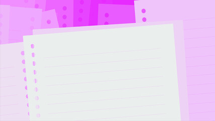 Set of note, notebook lined, squared paper stuck on pink background. Vector illustration