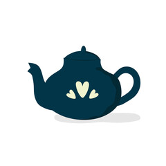 Blue teapot with white hearts. Kitchen utensil. Doodle flat style. 