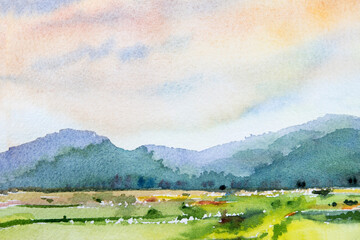 Watercolor landscape painting colorful of mountain range with farm cornfield.