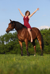 Beautiful cowgirl bareback ride her horse in woods glade at sunset