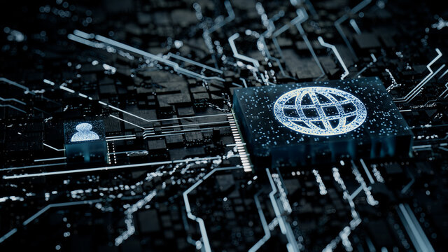 Internet Technology Concept with web symbol on a Microchip. White Neon Data flows between the CPU and the User across a Futuristic Motherboard. 3D render.