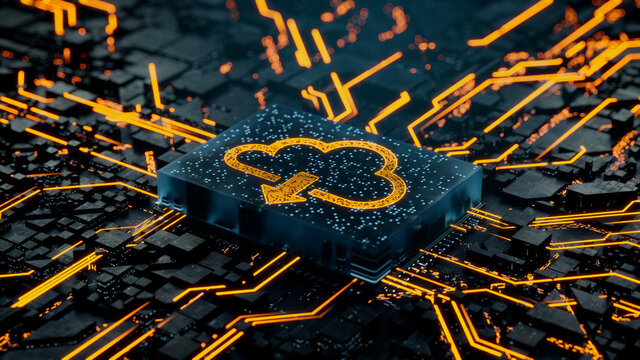 Data storage Technology Concept with cloud download symbol on a Microchip. Data flows from the CPU across a Futuristic Motherboard. 3D render.