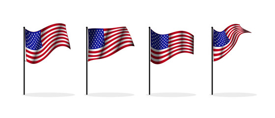 4 types of waving United States of America flag with 50 stars drawing in vector