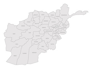 Solid grey political map of Afghanistan. Administrative divisions - provinces. Simple flat vector map with labels.