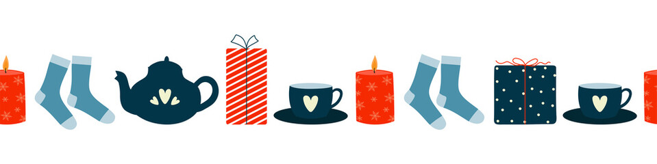Horizontal winter seamless border. Candle, gifts, socks, cup and teapot. Hygge winter pattern border design. Doodle style. 
