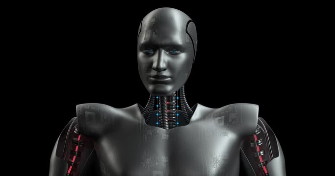Super Robot Moving His Head. Big Data is Loading. AI Humanoid. Robotics And Technology 3D Concept.