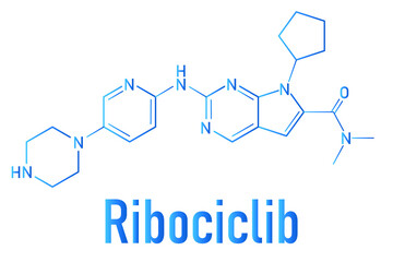 Fototapeta premium Ribociclib cancer drug molecule (CDK4 CDK6 inhibitor). Skeletal formula.