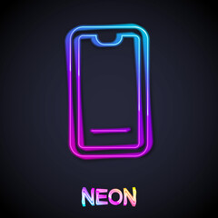 Glowing neon line Food ordering on mobile icon isolated on black background. Order by mobile phone. Restaurant food delivery concept. Vector