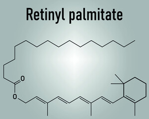 Retinyl palmitate vitamin supplement molecule. Ester of vitamin A (retinol) and palmitic acid. Skeletal formula.