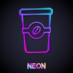 Glowing neon line Coffee cup to go icon isolated on black background. Vector