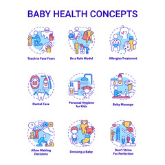 Baby health concept icons set. Infant care idea thin line color illustrations. Bringing up baby. Child mental and physical health. Vector isolated outline drawings. Editable stroke
