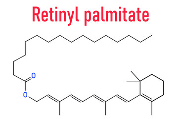 Retinyl palmitate vitamin supplement molecule. Ester of vitamin A (retinol) and palmitic acid. Skeletal formula.