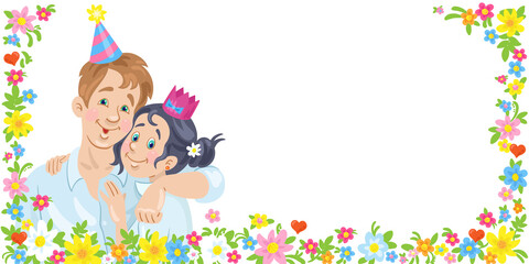 Young couple in festive hats surrounded by flowers. Man and woman are hugging. Banner in cartoon style. Invitation card for holiday. Place for your text. Isolated on white. Vector illustration.