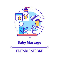 Baby massage concept icon. Rubbing infant body abstract idea thin line illustration. Bond between mother and child. Massaging to calm baby. Vector isolated outline color drawing. Editable stroke