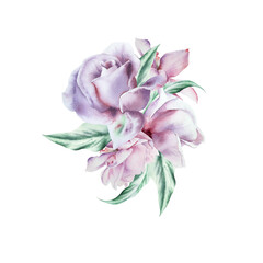 Watercolor bouquet with flowers. Rose.  Illustration.  Hand drawn. - 456692708