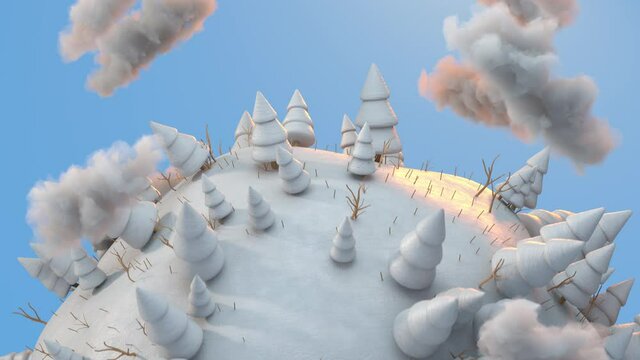 Winter tiny planet. 3D render seamless loop animation