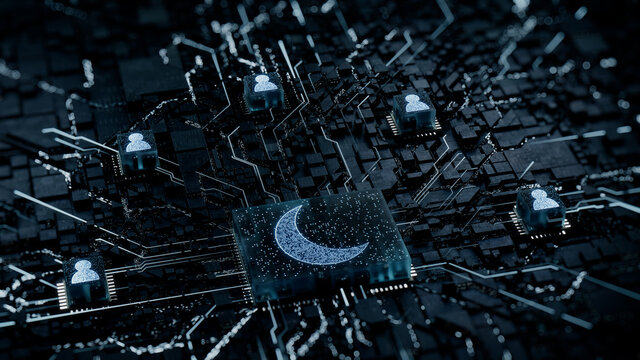 Night mode Technology Concept with moon symbol on a Microchip. White Neon Data flows between Users and the CPU across a Futuristic Motherboard. 3D render.