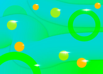 A beautiful abstraction with fluids and balls on a gradient background of turquoise and green. 3D image with turquoise, green and orange color.
