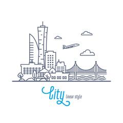 Linear Cityscape with bridge and flying airplane. Outline style vector illustration on white background.