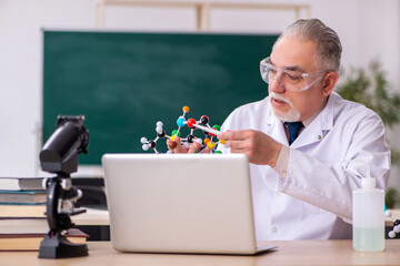 Old male teacher chemist in the classroom