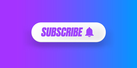 White paper subscribes button with ring bell isolated on stylish purple background. Subscribe banner template with white paper Subscribe video channel button