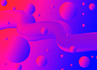 Multi-colored abstraction with fluids and balls on a gradient background. 3-D image with red, pink, purple and blue color.
