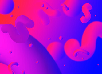 Multi-colored abstraction with liquids and balls on a gradient background. A 3D image with red, pink, purple and blue colors.