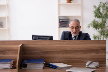 Aged male employee sitting at workplace