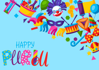 Happy Purim Jewish holiday greeting card. Background with traditional symbols.