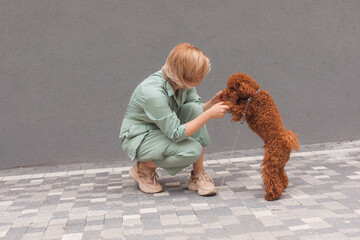 Young woman plays with dog on a street