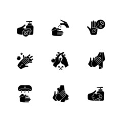 Fototapeta na wymiar Hand washing steps black glyph icons set on white space. Removing germs from hands. Applying soap and disinfectant. Reducing common infection risk. Silhouette symbols. Vector isolated illustration