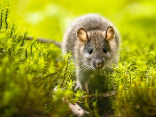 Brown rat in grass on river bank