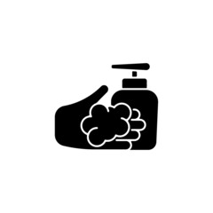 Obraz na płótnie Canvas Washing with liquid soap black glyph icon. Minimizing germs transfer risk. Keeping hands smooth and moisturized. Antimicrobial cleanser. Silhouette symbol on white space. Vector isolated illustration