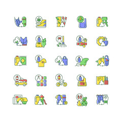 Obraz premium Recycled materials RGB color icons set. Sustainable option. Eco friendly products. Pollution control. Decreasing carbon footprint. Isolated vector illustrations. Simple filled line drawings collection